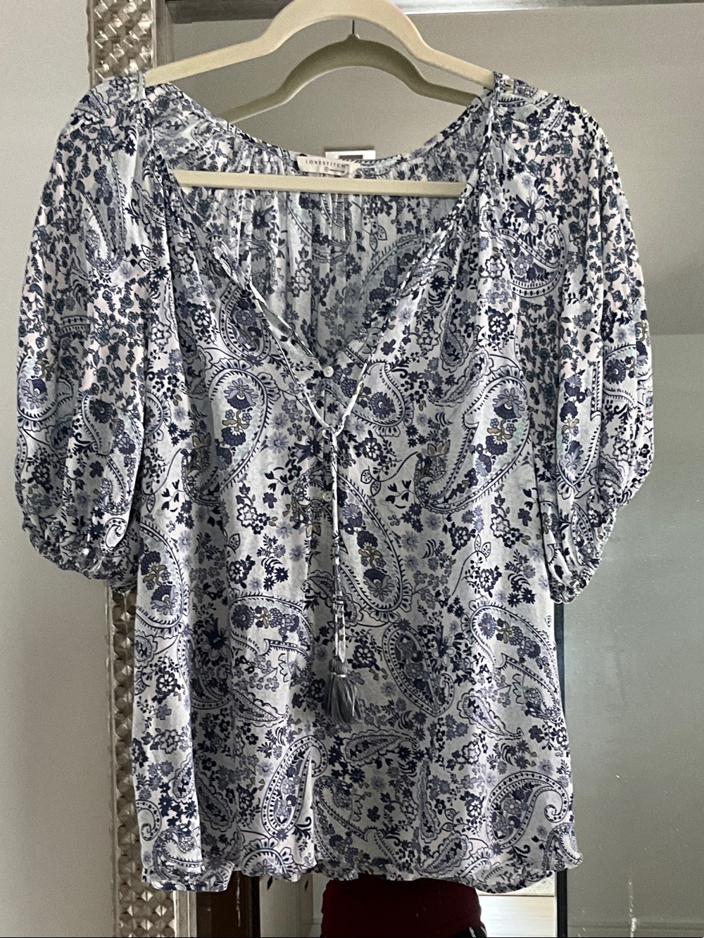 lovestitch Blue and White Paisley Peasant Top with Tassel Tie